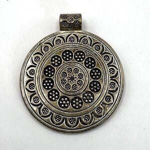 Vintage Silver Tone Ornate Round Medallion Pendant – Textured Folk Style Jewelry